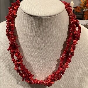 Vibrant Coral 3 Strand Red Coral Chip Beaded Necklace